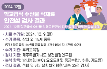 2024. 12월 학교급식 수산물 식재료 안전성 검사 결과는 아래와 같습니다.  o 시료 수거일: 2024. 12. 9.(월)  o 수거 품목: 삼치 외 15개 품목 (도내 학교급식 수산물 공급업체 4개소에서 각 4건씩 수거)  o 수거 기관: 우리교육청  o 검사 기관: 제주특별자치도 보건환경연구원  o 분석 항목: 방사능(세슘Cs,요오드I) 및 중금속(납, 수은, 카드뮴)  o 검사 결과: 적합 및 상기실험확인함(방사능 32건 검사)