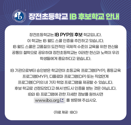제목 : 장전초등학교 IB 후보학교 안내  장전초등학교는 IB PYP의 후보 학교입니다. 이 학교는 IB 월드 스쿨 인증을 추진하고 있습니다. IB 월드 스쿨은 고품질의 도전적인 국제적 수준의 교육을 위한 헌신을 공통의 철학으로 공유하며 장전초등학교는 이러한 헌신과 노력이 우리 학생들에게 중요하다고 믿습니다.  IB 기관으로부터 승인받은 학교만이 초등교육 프로그램(PYP), 중등교육 프로그램(MYP), 디플로마 프로그램(DP) 또는 직업연계 프로그램(CP)의 네 가지 학업 프로그램을 제공할 수 있습니다. 후보 학교로 선정되었다고 해서 반드시 인증을 받는 것은 아닙니다. IB와 IB 프로그램에 관한 자세한 정보를 원하시면 www.ibo.org를 방문해 주십시오.(자료 제공 : IBO) 
