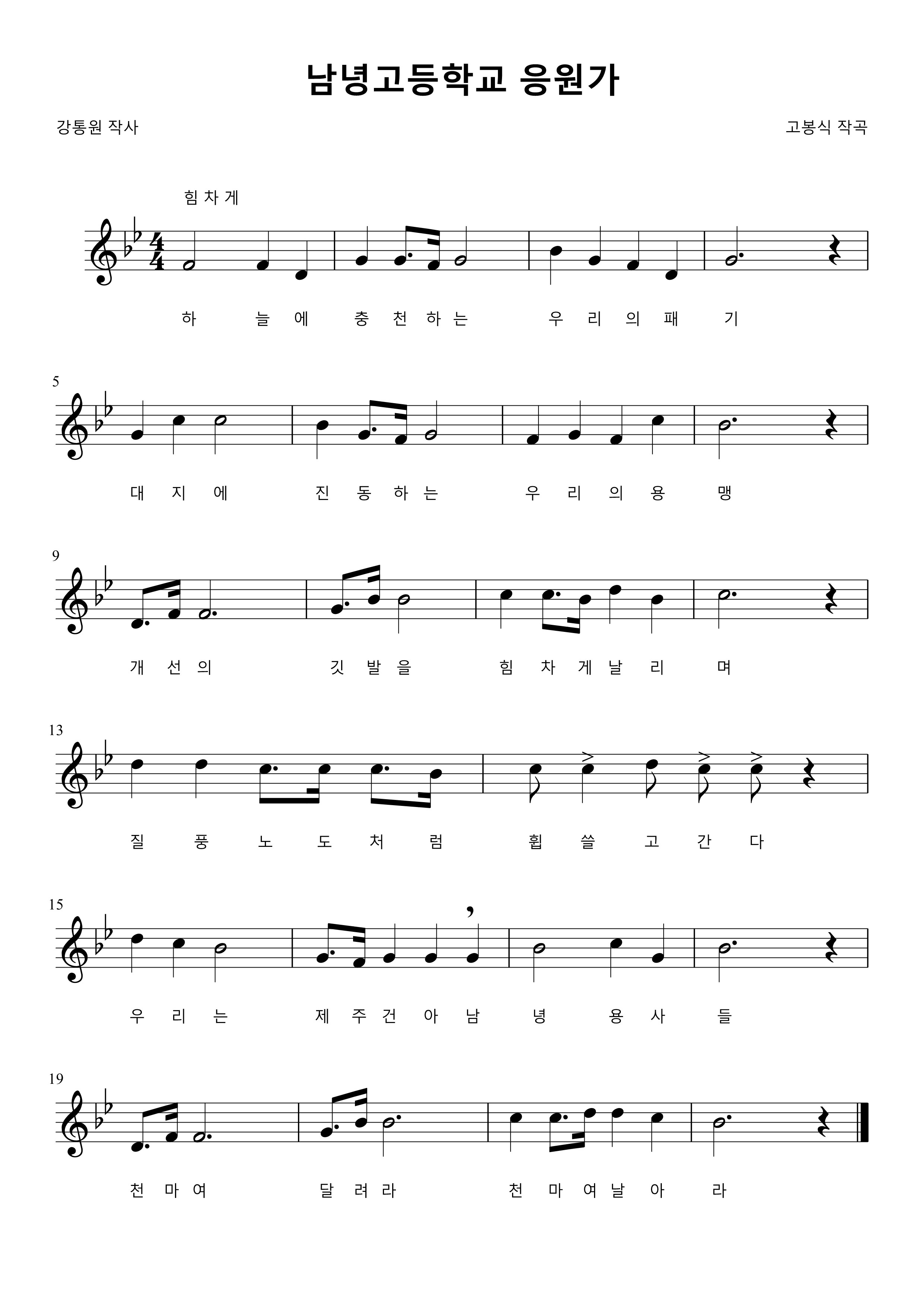 하늘에 충천하는 우리의 패기
대지에 진동하는 우리의 용맹
개선의 깃발을 힘차게 날리며
질풍 노도처럼 휩쓸고 간다
우리는 제주 건아 남녕 용사들
천마여 달려라 천마여 날아라